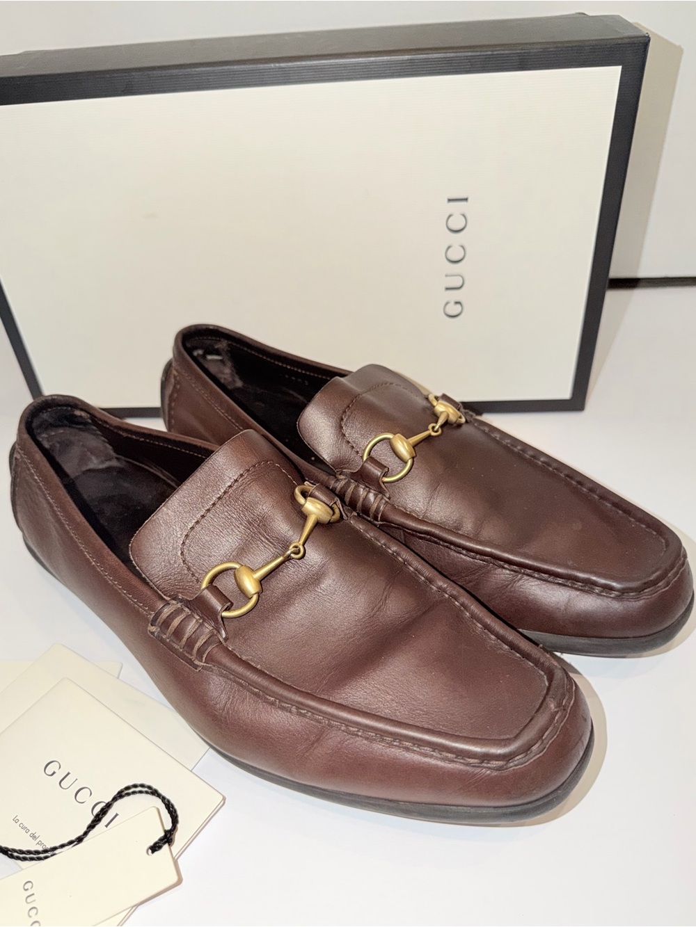 In Box Gucci Brown Leather Horsebit Slip-On Loafers, Sz 11 1/2